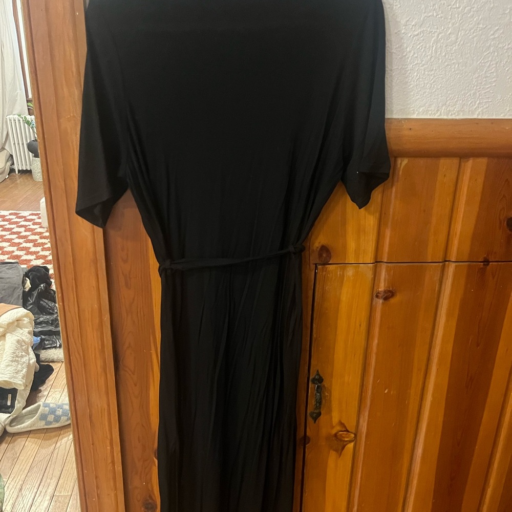 Cotton black midi dress with tie
